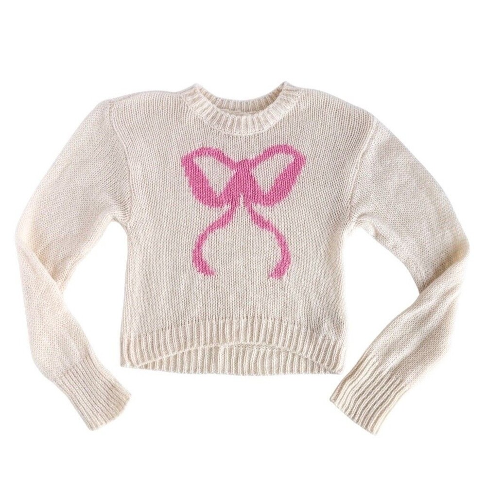 LoveShackFancy Wool Cashmere Pink Bow Sweater Cream Girls Medium